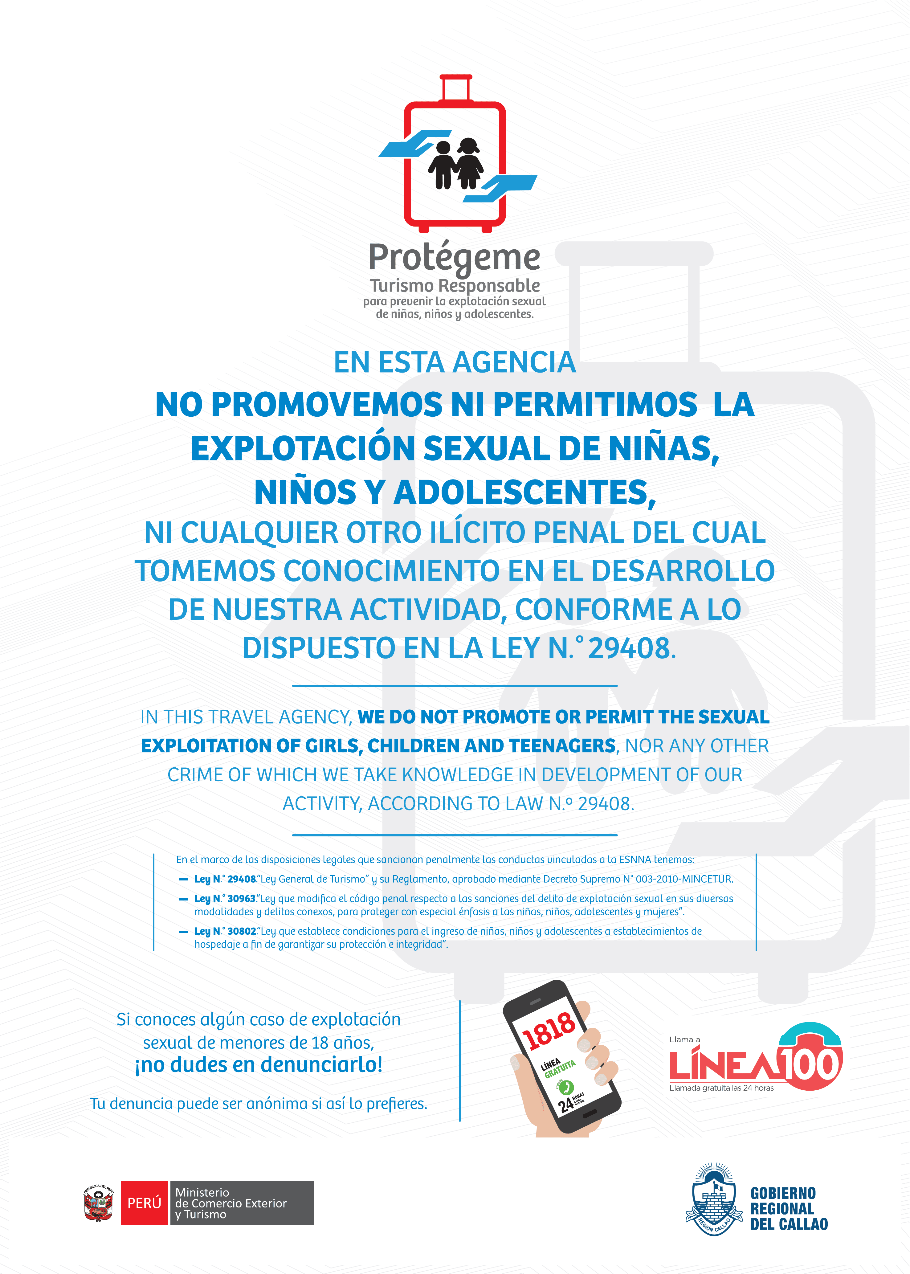 Afiche oficial de prevención de la explotación sexual de niñas, niños y adolescentes (ESNNA) en el turismo